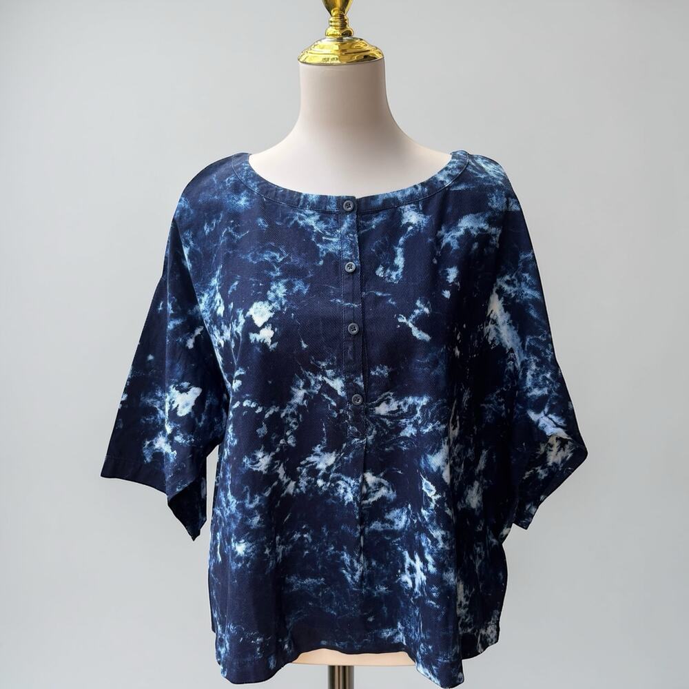 Pure Jill Indigo Button Front Top M Blue Tie Dye Cotton  Boxy Boho Casual Chic